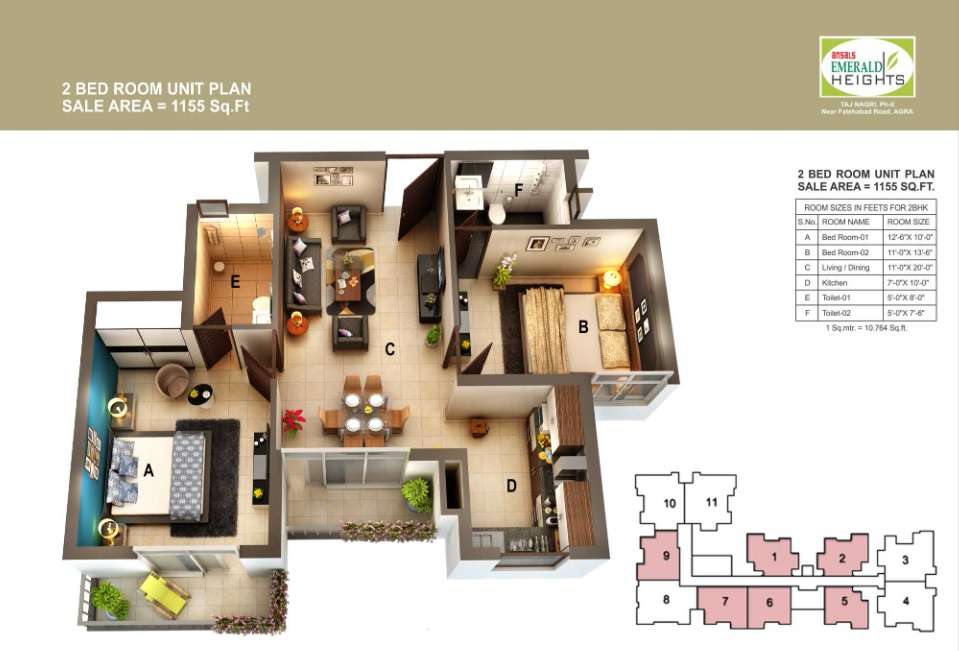 2 BHK 1155 Sq. Ft. Apartment in Ansal Emerald Heights