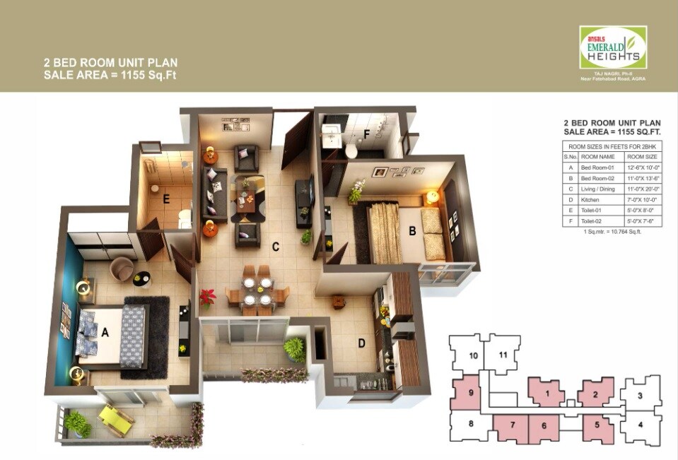 Floor plan of 2 BHK 1155 Sq. Ft. Apartment in Ansal Emerald Heights, Agra