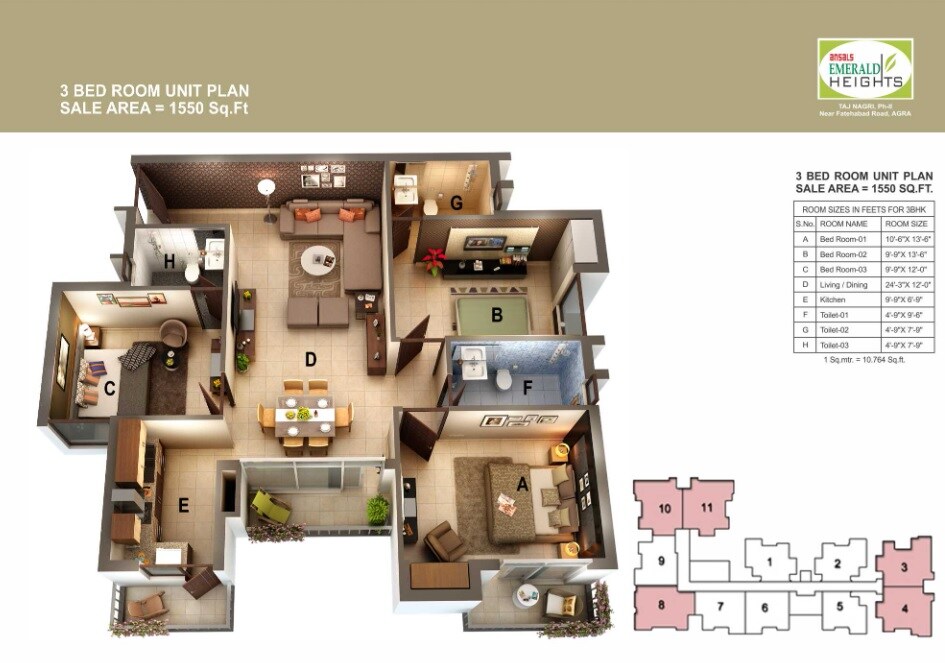 Floor plan of 3 BHK 1550 Sq. Ft. Apartment in Ansal Emerald Heights, Agra