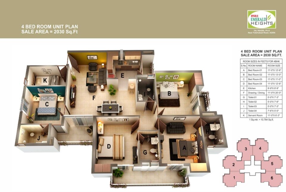 Floor plan of 4 BHK 2030 Sq. Ft. Apartment in Ansal Emerald Heights, Agra
