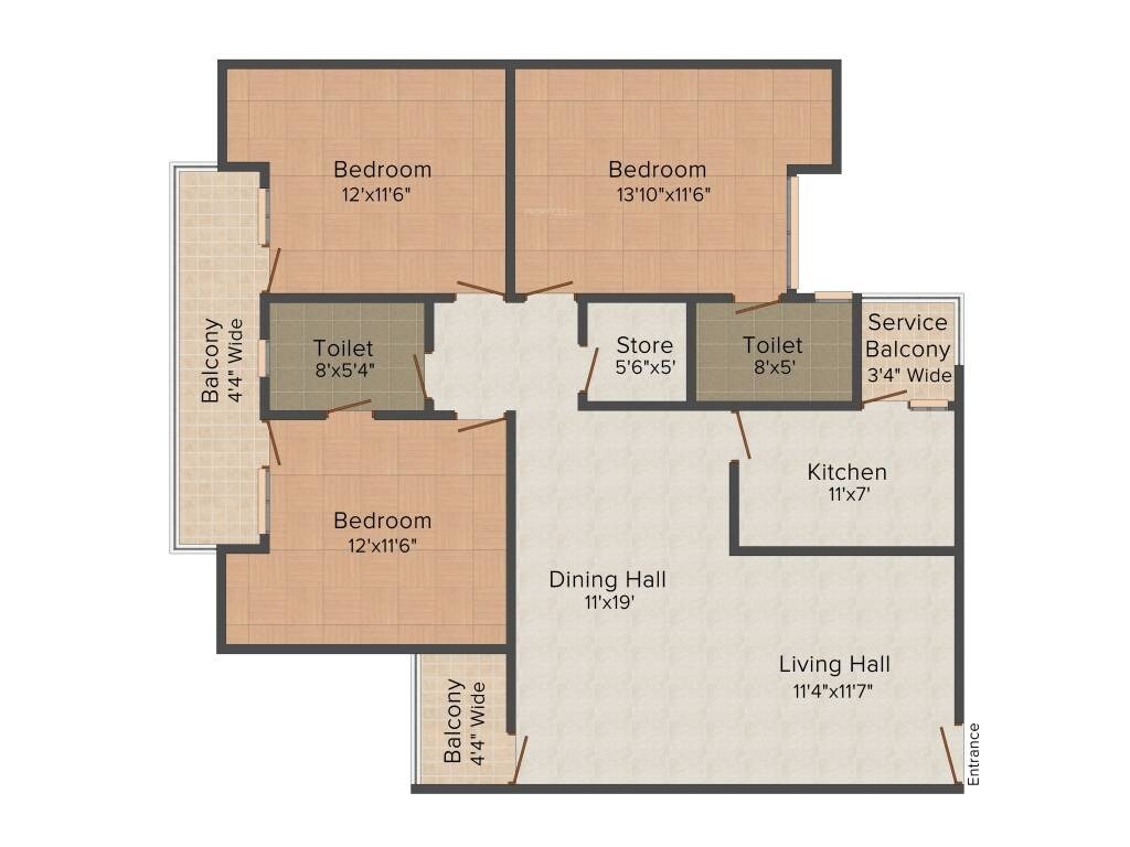 Floor plan of 3 BHK 1714 Sq. Ft. Apartment in Deeksha Dwarika, Agra
