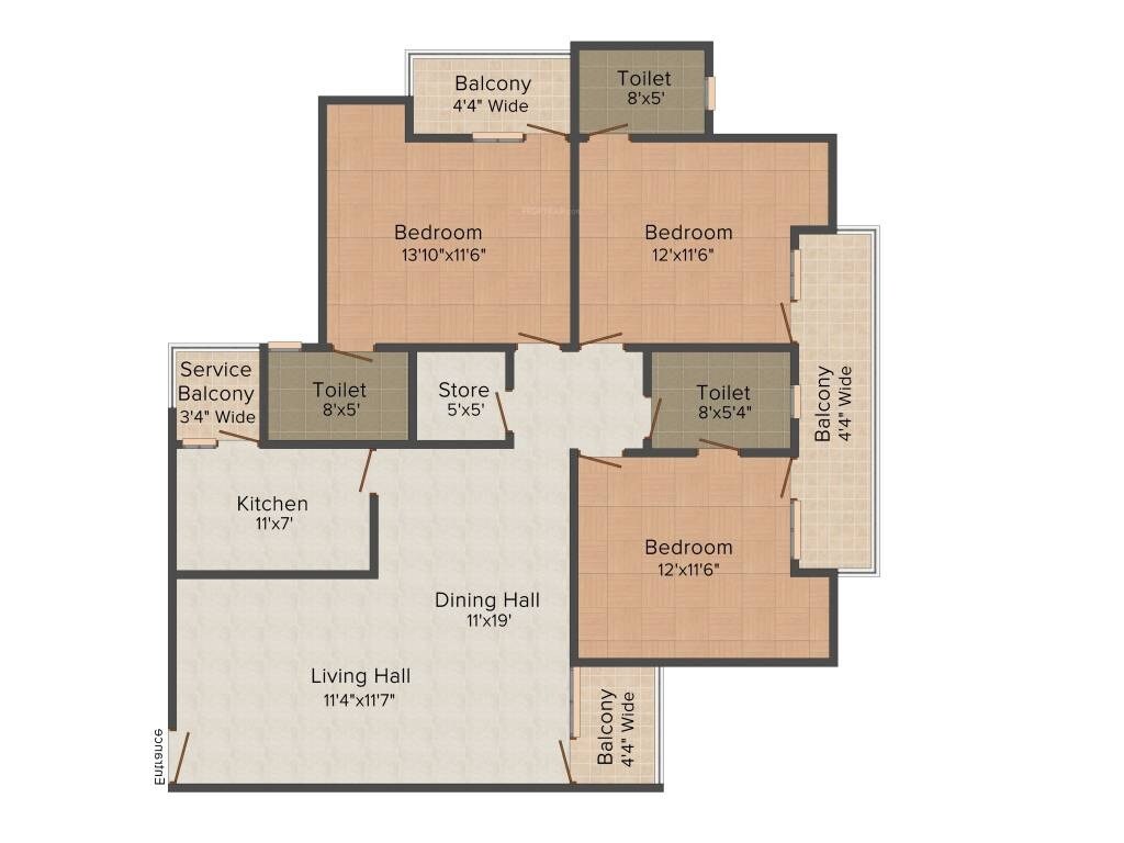 Floor plan of 3 BHK 1800 Sq. Ft. Apartment in Deeksha Dwarika, Agra