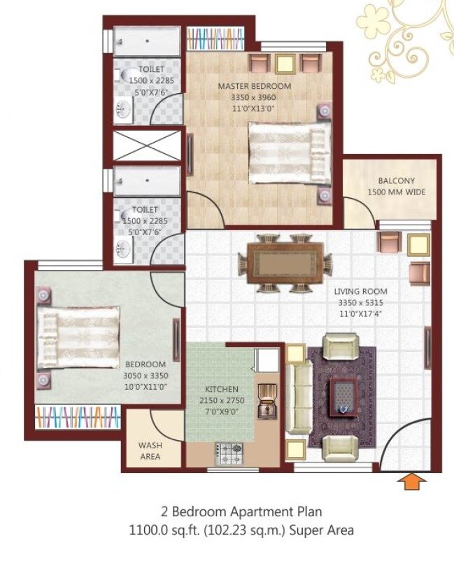 Floor plan of 2 BHK 1100 Sq. Ft. Apartment in Nikhil Park Royale, Agra