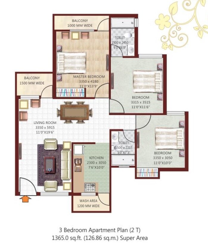 Floor plan of 3 BHK 1365 Sq. Ft. Apartment in Nikhil Park Royale, Agra