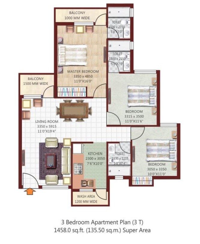 Floor plan of 3 BHK 1458 Sq. Ft. Apartment in Nikhil Park Royale, Agra