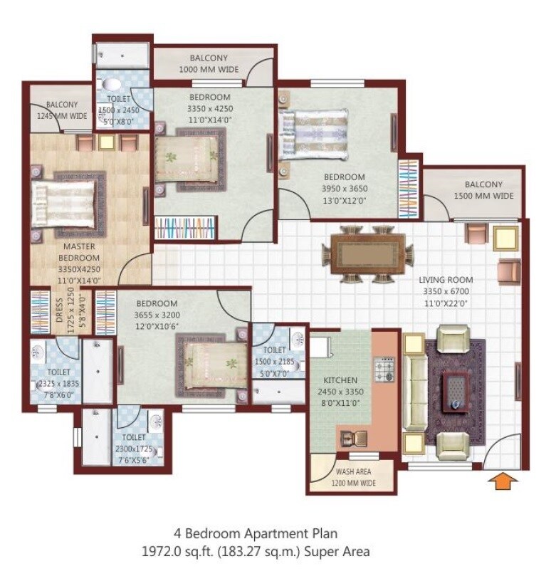 Floor plan of 4 BHK 1972 Sq. Ft. Apartment in Nikhil Park Royale, Agra