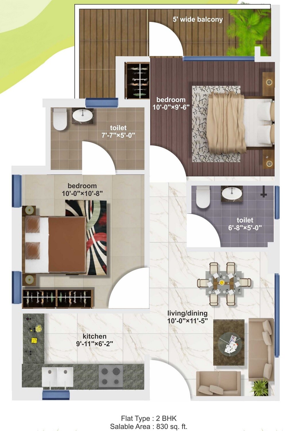 2 BHK 830 Sq. Ft. Apartment