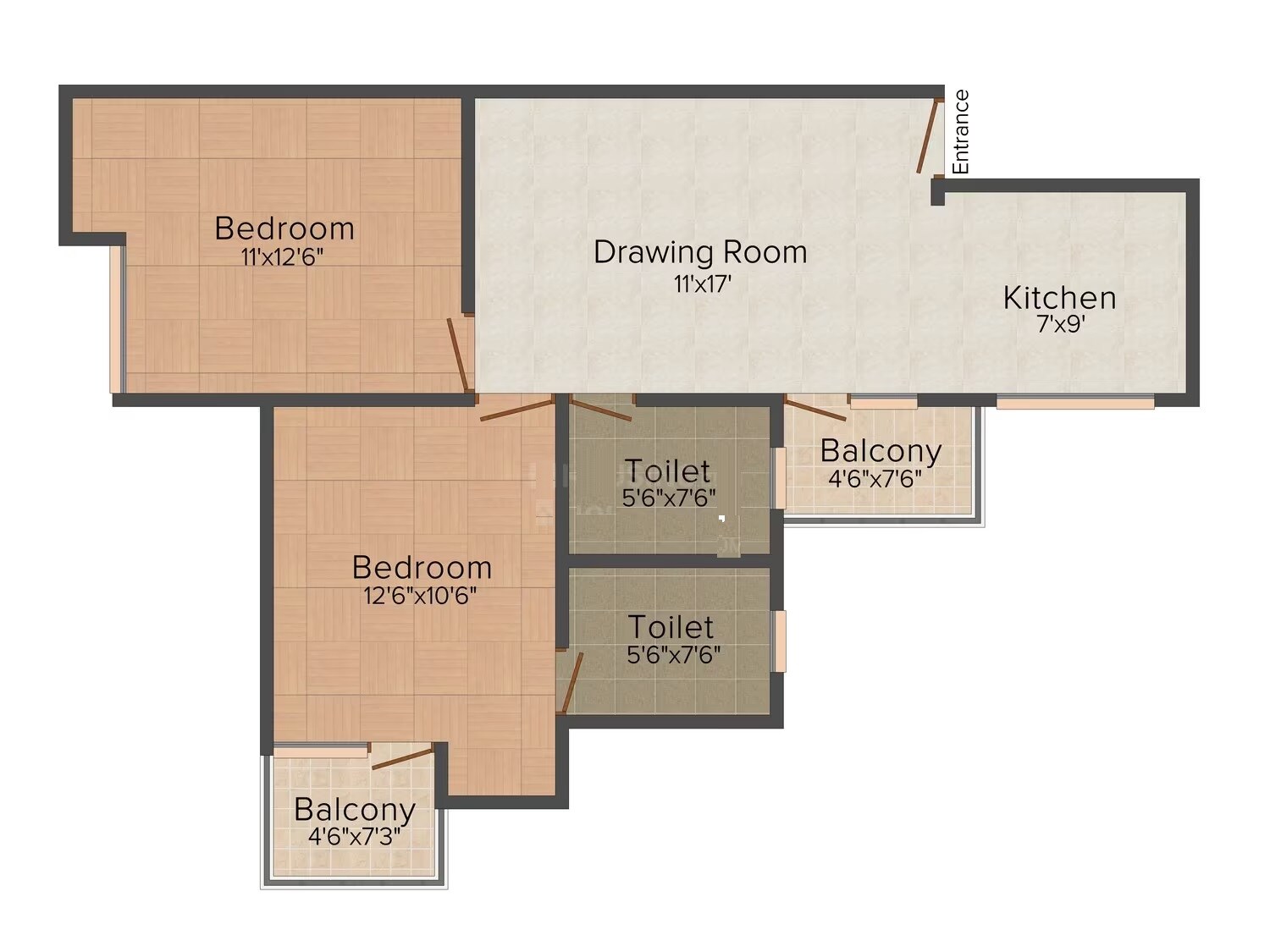 Floor plan of 2 BHK 1050 Sq. Ft. Apartment in Pushpanjali Habitat, Agra