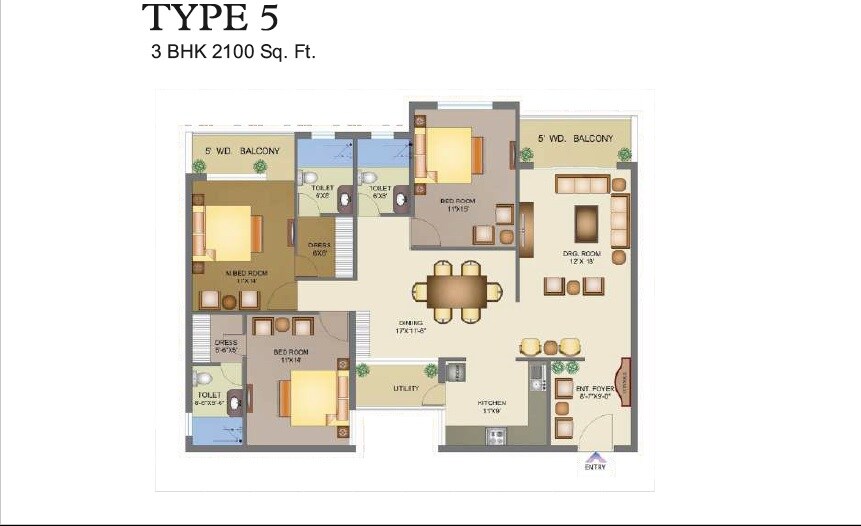 Floor plan of 3 BHK 2100 Sq. Ft. Apartment in R M Krishna Avenue, Agra