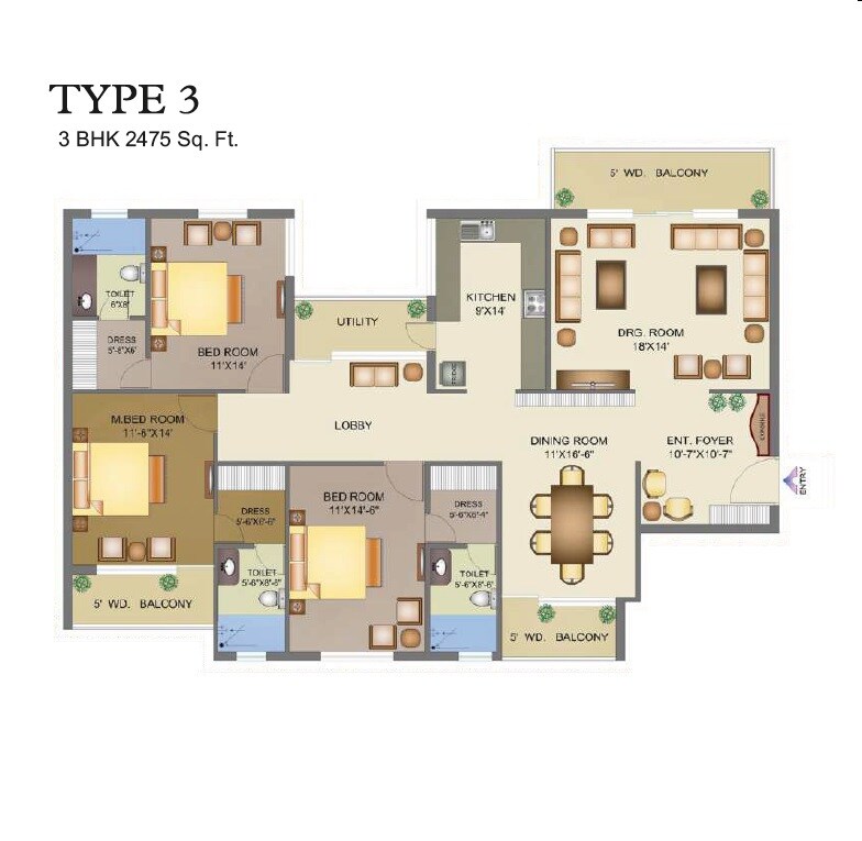 Floor plan of 3 BHK 2475 Sq. Ft. Apartment in R M Krishna Avenue, Agra