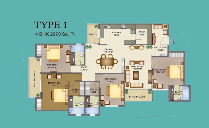 Floor plan of 4 BHK 2870 Sq. Ft. Apartment in R M Krishna Avenue, Agra