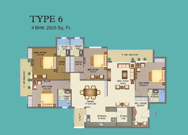 Floor plan of 4 BHK 2925 Sq. Ft. Apartment in R M Krishna Avenue, Agra