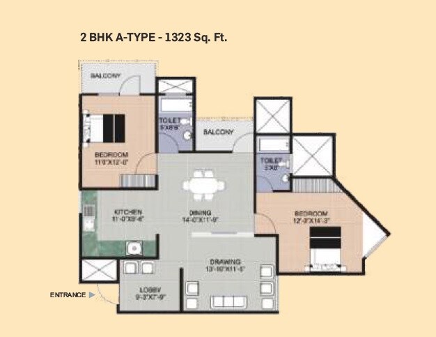 Floor plan of 2 BHK 1323 Sq. Ft. Apartment in Vishwakarma Krishna Indraprastha, Agra