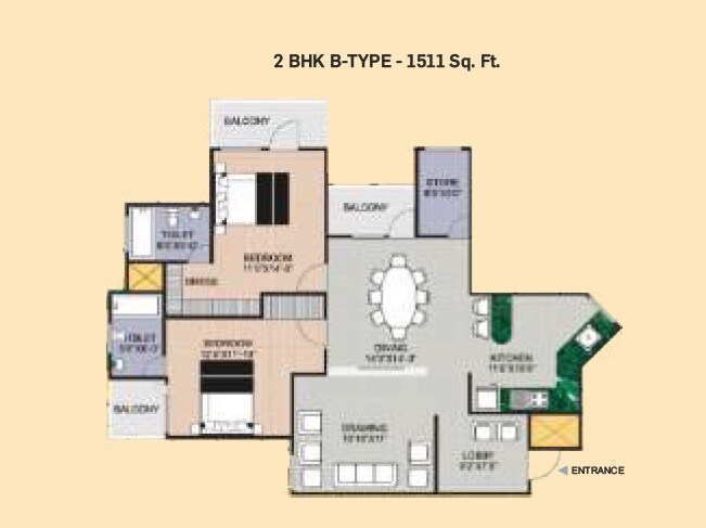 Floor plan of 2 BHK 1511 Sq. Ft. Apartment in Vishwakarma Krishna Indraprastha, Agra