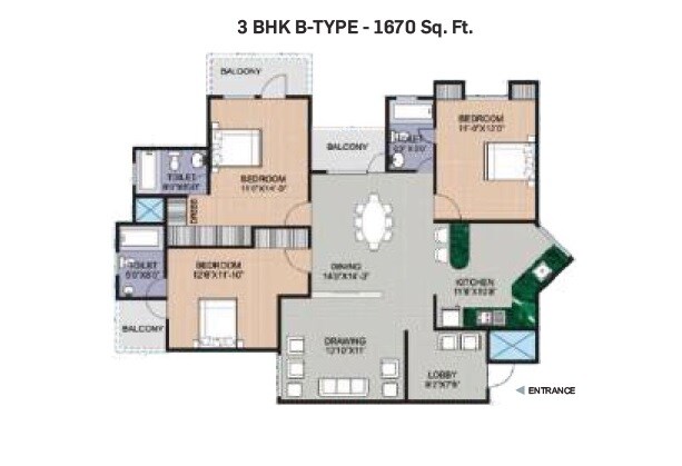 Floor plan of 3 BHK 1670 Sq. Ft. Apartment in Vishwakarma Krishna Indraprastha, Agra