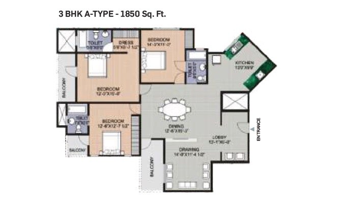 Floor plan of 3 BHK 1850 Sq. Ft. Apartment in Vishwakarma Krishna Indraprastha, Agra