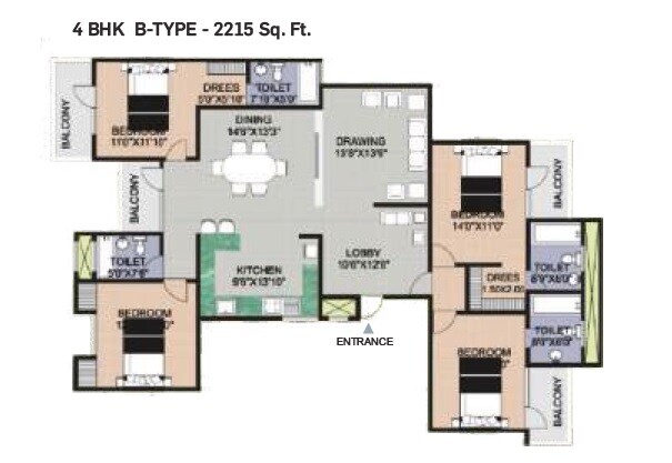 Floor plan of 4 BHK 2215 Sq. Ft. Apartment in Vishwakarma Krishna Indraprastha, Agra