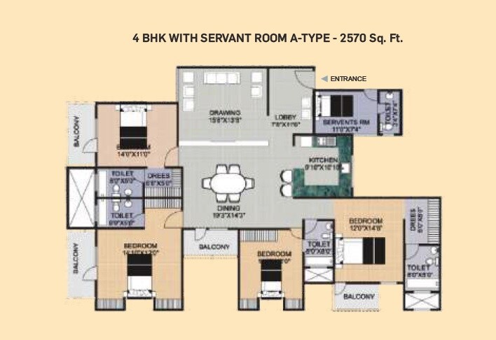 Floor plan of 4 BHK 2570 Sq. Ft. Apartment in Vishwakarma Krishna Indraprastha, Agra