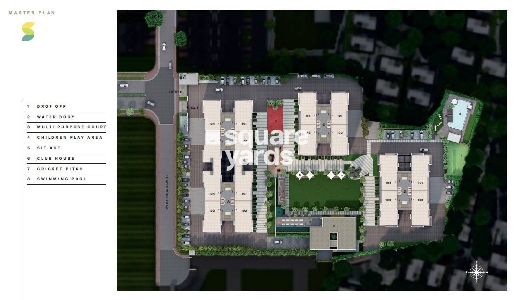 Goyal-Riviera-Springs_an aerial view of a large building with a clock on it