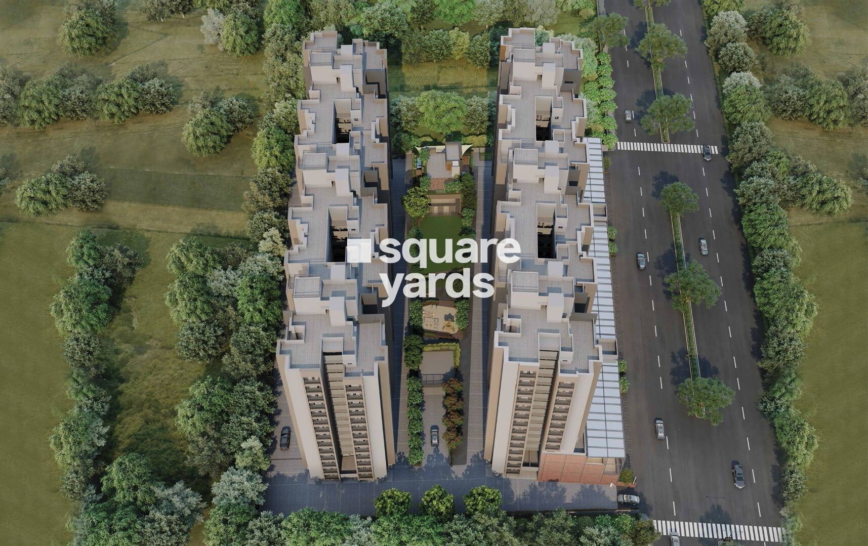 Saanvi-Nirman-Stellar_an aerial view of a city with a large building