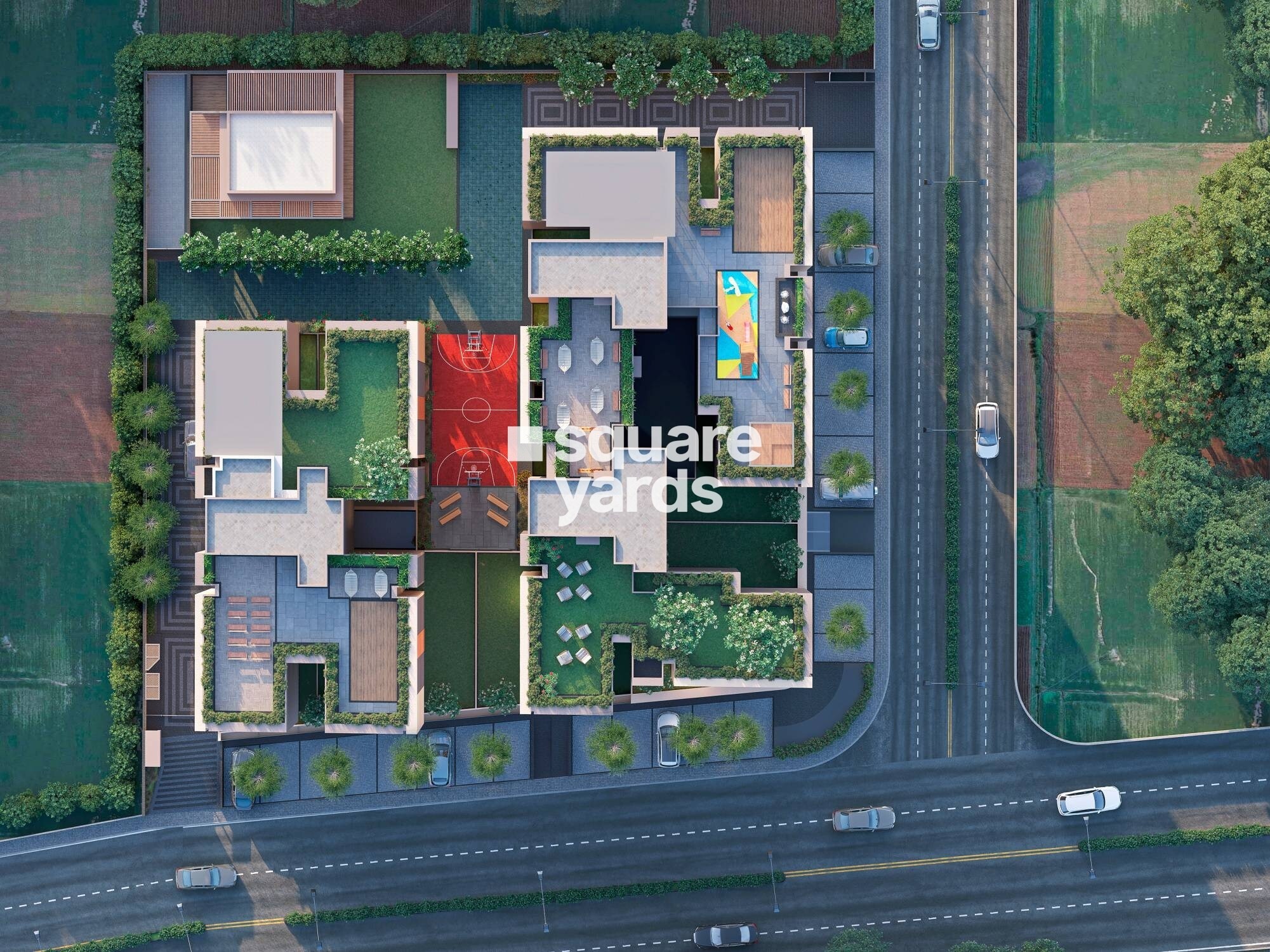 Swastik-Promont_an aerial view of a cityscape with trees and buildings