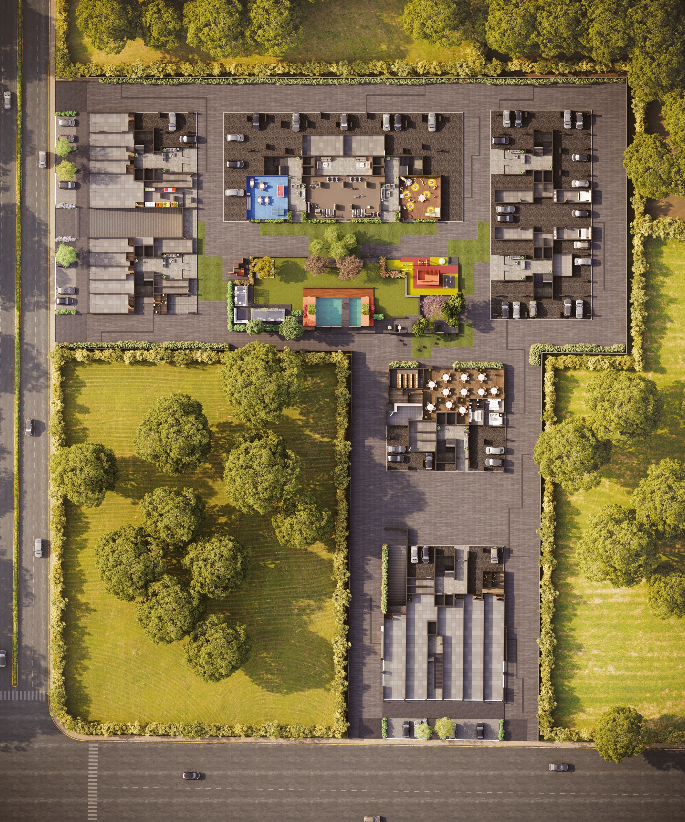 Vishwanath-Sarathya-West_an aerial view of a street scene with cars and trucks