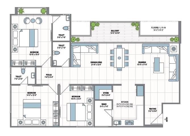 Floor plan of 3 BHK 2160 Sq. Ft. Apartment in 42 Parkview, Ahmedabad