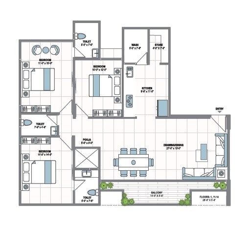 Floor plan of 3 BHK 2628 Sq. Ft. Apartment in 42 Parkview, Ahmedabad