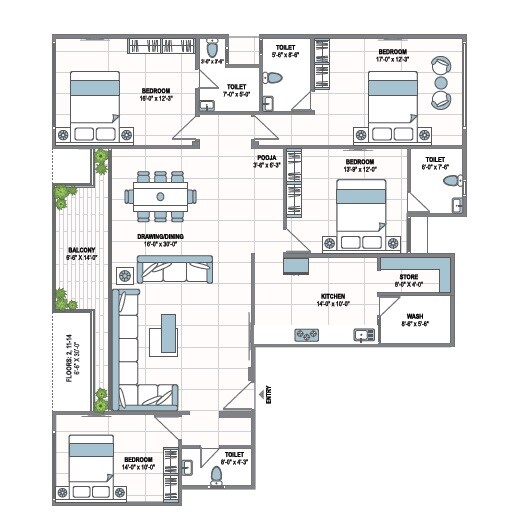 Floor plan of 4 BHK 3402 Sq. Ft. Apartment in 42 Parkview, Ahmedabad