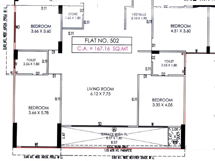 Floor plan of 4 BHK 1802 Sq. Ft. Apartment in 7th Heaven Earth Eleanor, Ahmedabad