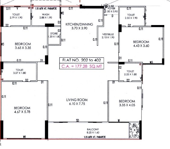Floor plan of 4 BHK 1911 Sq. Ft. Apartment in 7th Heaven Earth Eleanor, Ahmedabad