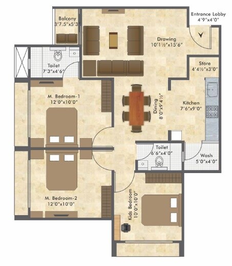 Floor plan of 3 BHK 1530 Sq. Ft. Apartment in A Shridhar Kaveri Sangam, Ahmedabad