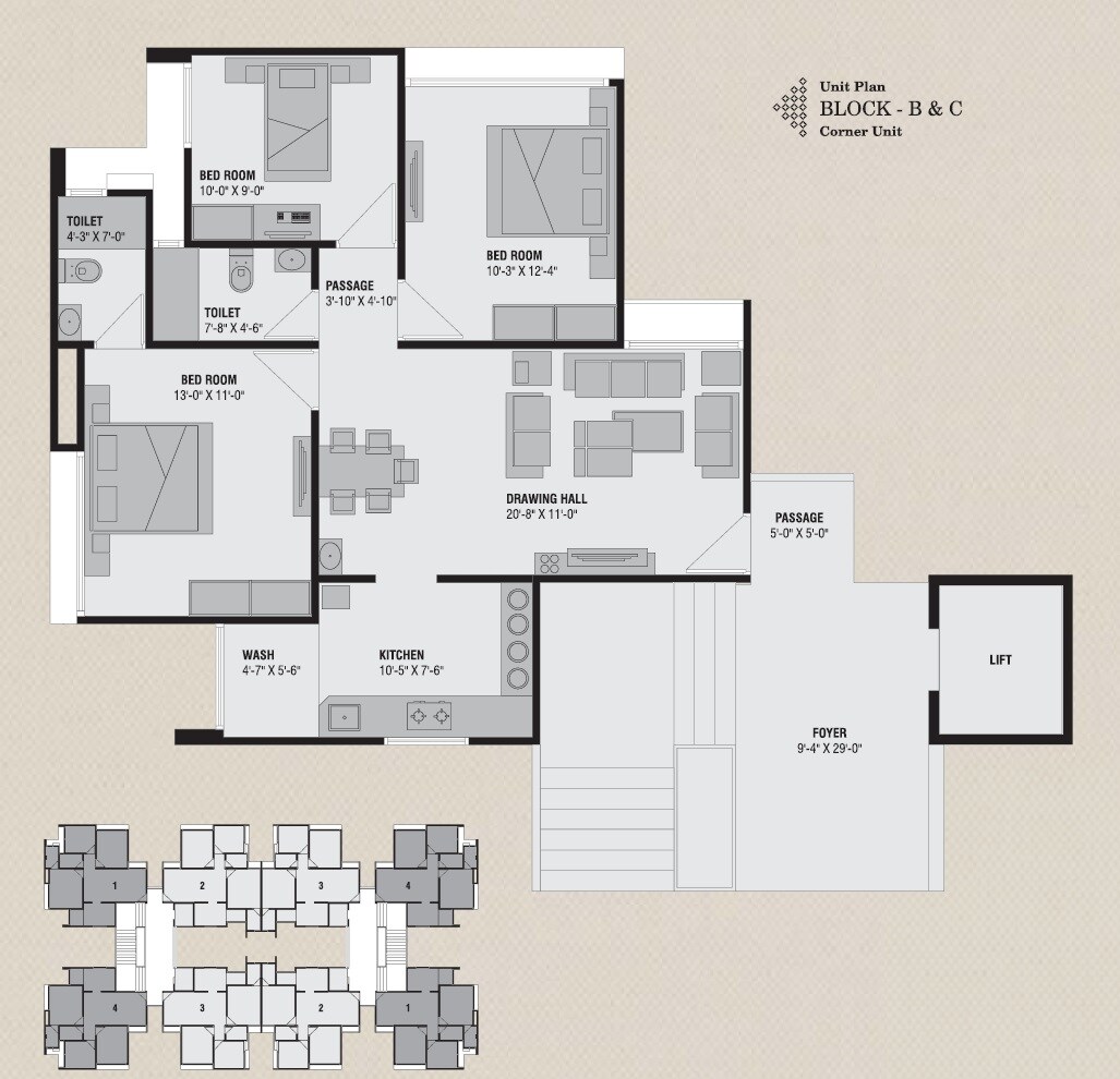 Floor plan of 3 BHK 1440 Sq. Ft. Apartment in Aaryan Builders Embassy, Ahmedabad