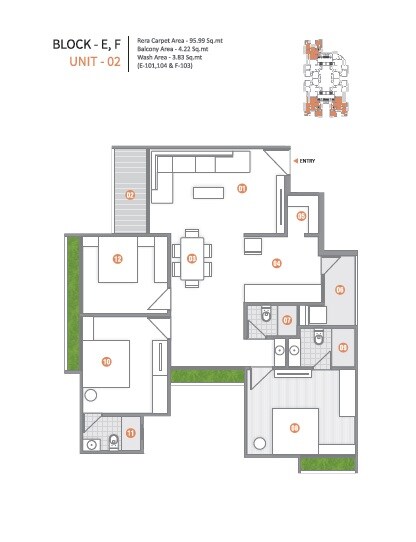 Floor plan of 3 BHK 1890 Sq. Ft. Apartment in Aaryan City, Ahmedabad