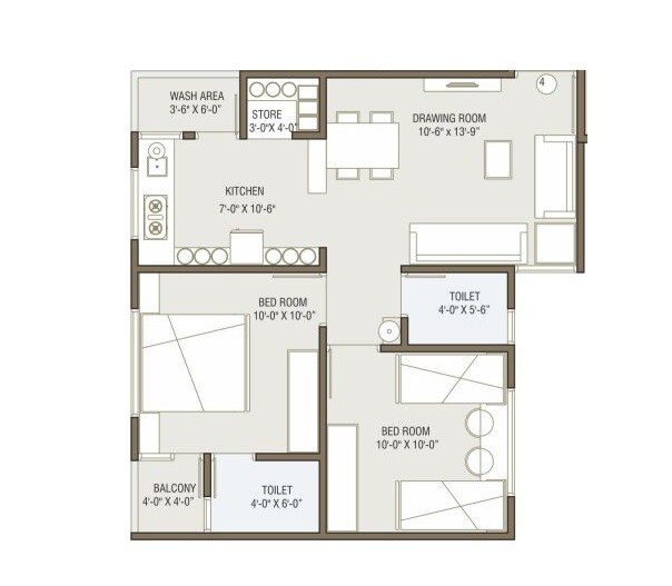 Floor plan of 2 BHK Apartment - 963 sq. ft. in Aaryan Crystal, Ahmedabad