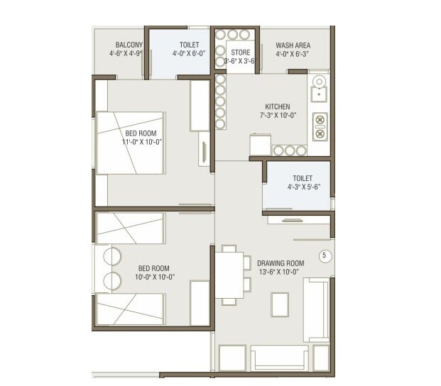 Floor plan of 2 BHK Apartment - 972 sq. ft. in Aaryan Crystal, Ahmedabad