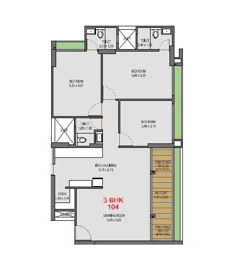 Floor plan of 3 BHK 1090 Sq. Ft. Apartment in Aasthaa Skyrise, Ahmedabad