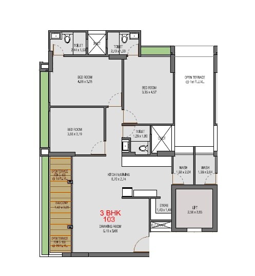 Floor plan of 3 BHK 1583 Sq. Ft. Apartment in Aasthaa Skyrise, Ahmedabad