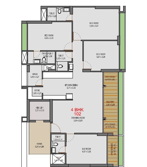 Floor plan of 4 BHK 1677 Sq. Ft. Apartment in Aasthaa Skyrise, Ahmedabad