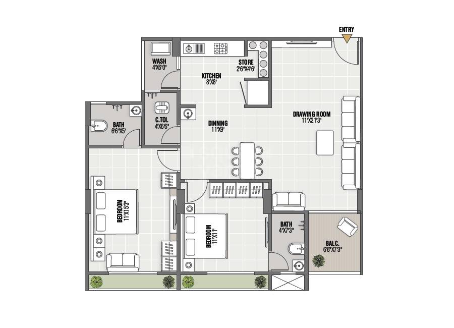 Floor plan of 2 BHK 691 Sq. Ft. Apartment in Aayat Avenue, Ahmedabad