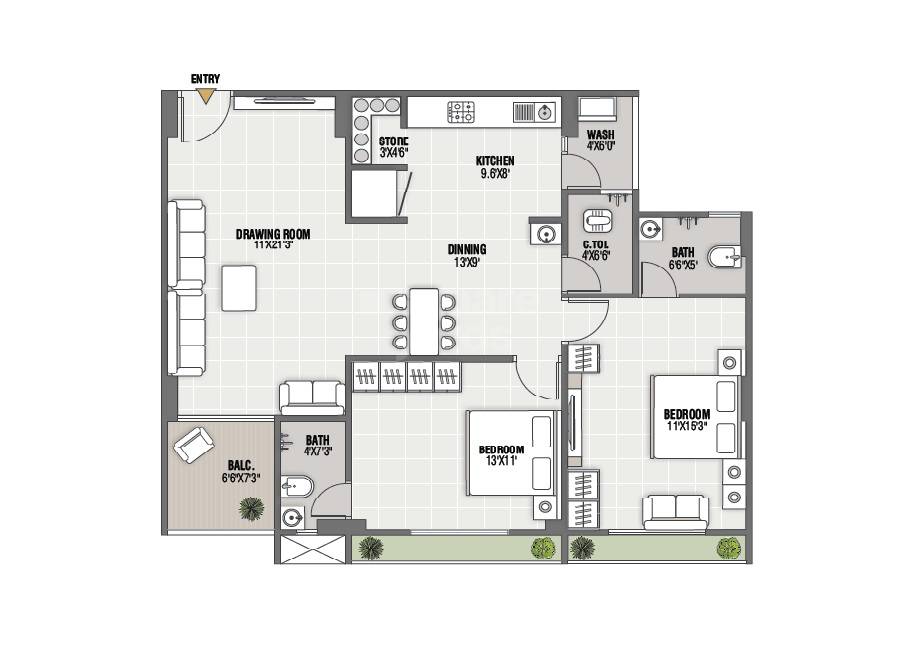 Floor plan of 2 BHK 897 Sq. Ft. Apartment in Aayat Avenue, Ahmedabad