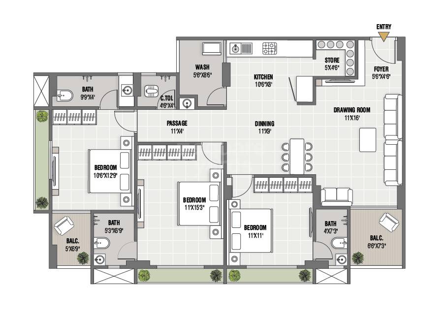 Floor plan of 3 BHK 1079 Sq. Ft. Apartment in Aayat Avenue, Ahmedabad