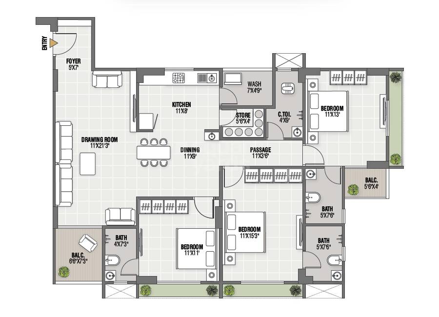 Floor plan of 3 BHK 1160 Sq. Ft. Apartment in Aayat Avenue, Ahmedabad