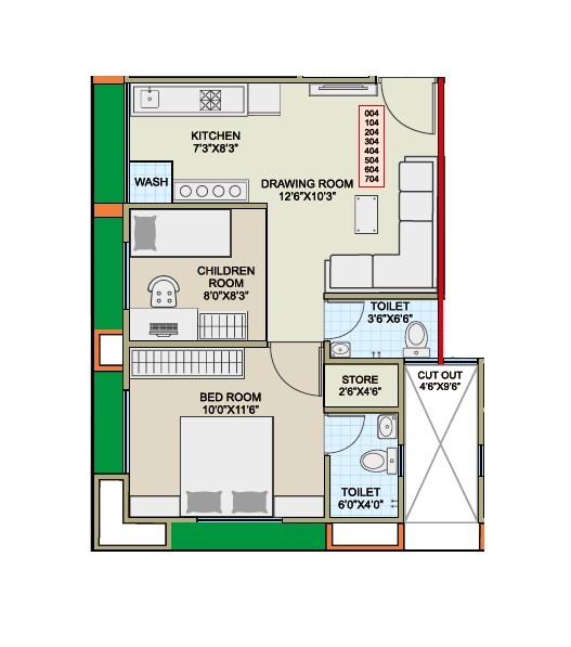Floor plan of 1 BHK 864 Sq. Ft. Apartment in Abhay Ratna Shashwat, Ahmedabad