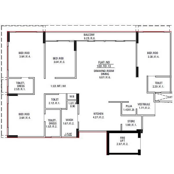 Floor plan of 4 BHK 1585 Sq. Ft. Apartment in Abhishek Apple Green 2, Ahmedabad