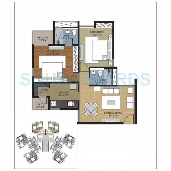Floor plan of 2 BHK 660 Sq. Ft. Apartment in Adani Elysium, Ahmedabad