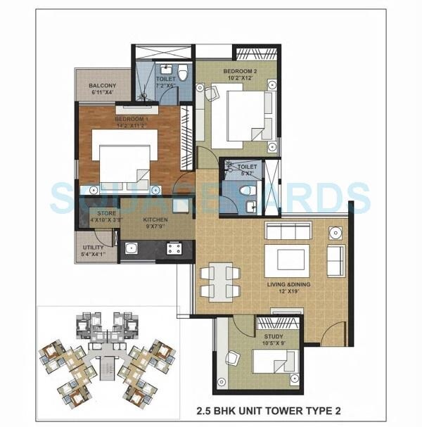 Floor plan of 2 BHK 882 Sq. Ft. Apartment in Adani Elysium, Ahmedabad