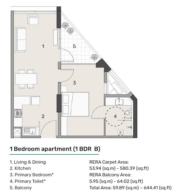 1 BHK 580 Sq. Ft. Apartment