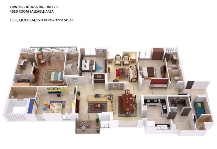 Floor plan of 4 BHK 3220 Sq. Ft. Apartment in Adani La Marina, Ahmedabad