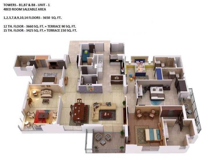 Floor plan of 4 BHK 3650 Sq. Ft. Apartment in Adani La Marina, Ahmedabad